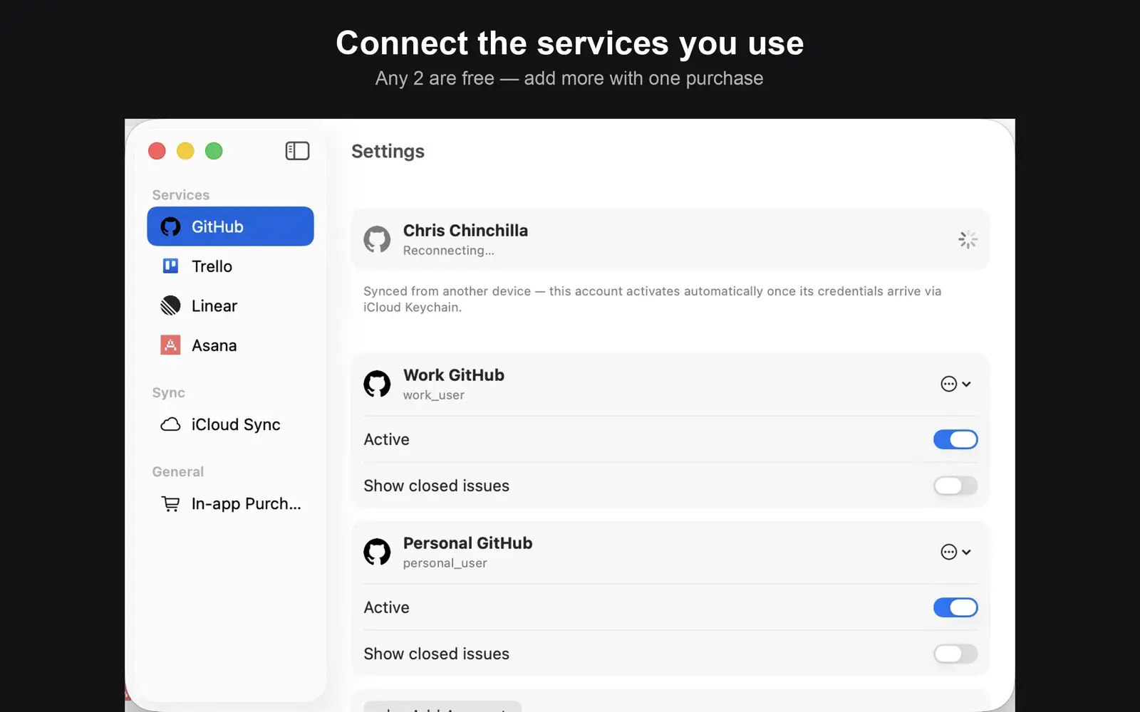 Task Bag settings with GitHub, Trello, Linear and Asana services, iCloud sync, and two GitHub accounts connected