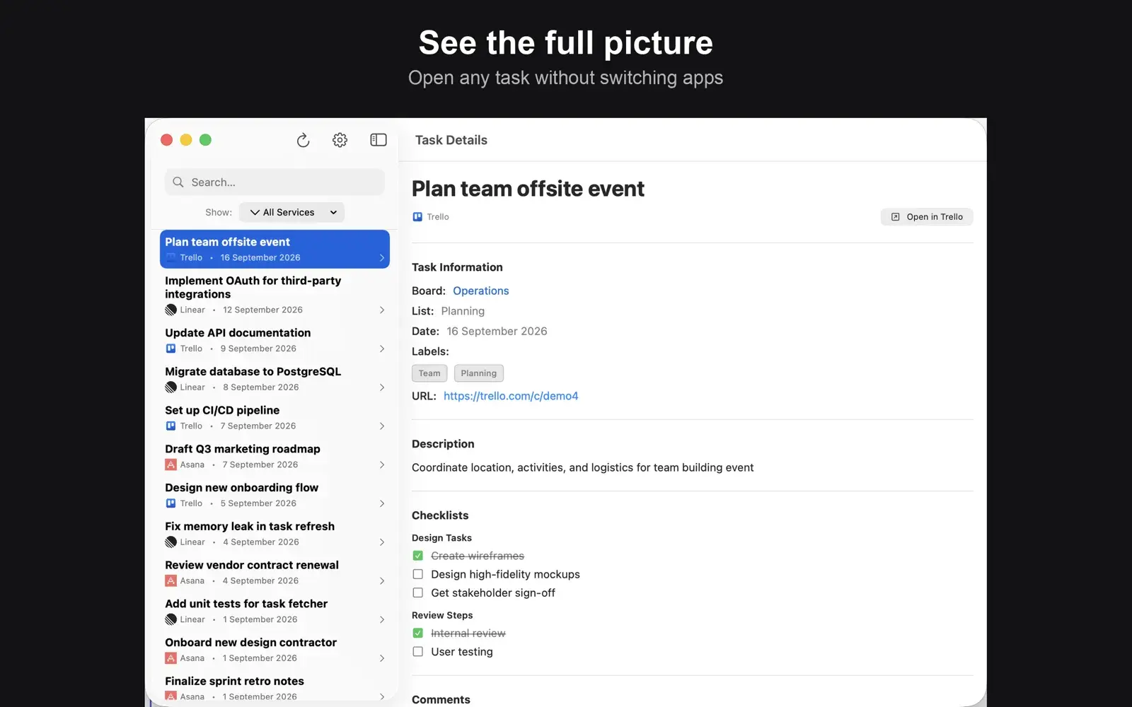 A Trello task open in Task Bag, showing its board, list, date, labels, description and checklists, with an Open in Trello button