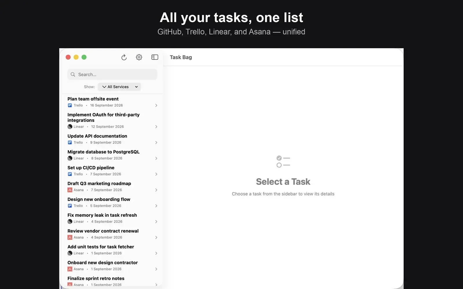 Task Bag window listing tasks from Trello, Linear and Asana in one sidebar, with search and a service filter