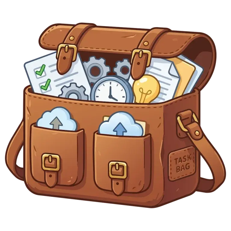 Task Bag icon: a leather satchel filled with checklists, a clock and a light bulb